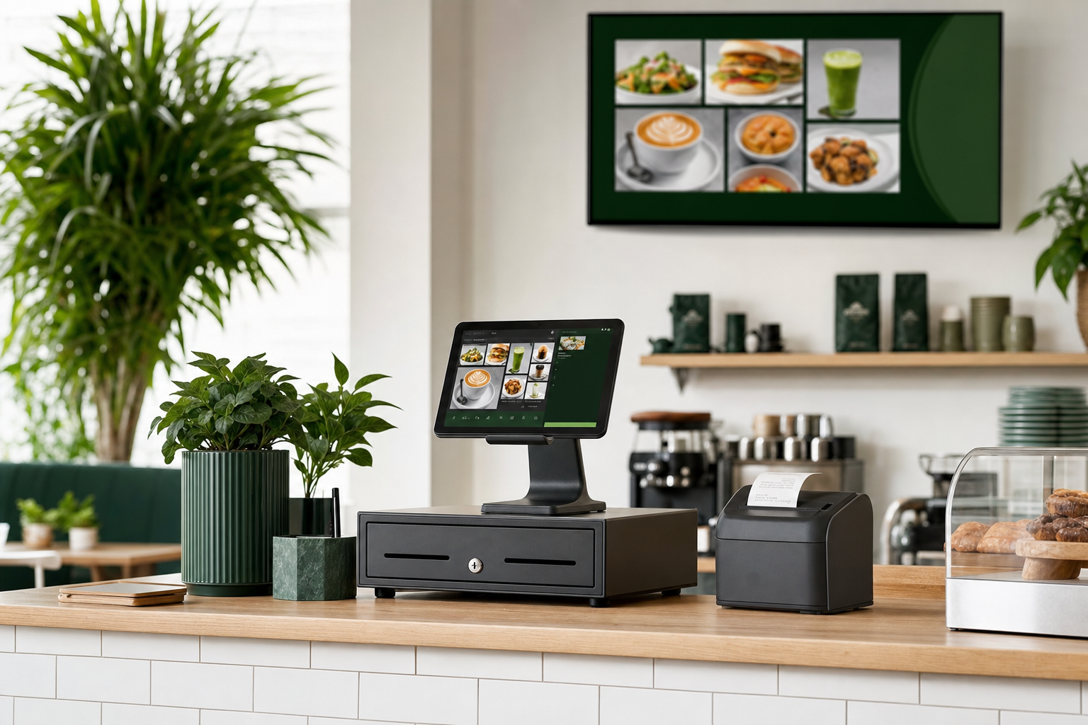 Hebtrek kassa, tablet en menuscherm in een winkel